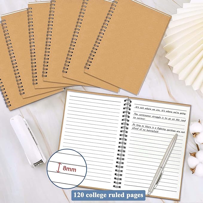 GINMLYDA 6Pack Small Spiral Notebook A5, 8.25x5.5” 120 Lined Pages Wide Ruled Spiral Journal Bulk Blank Kraft Cover Spiral Bound Notebook & Writing Pads for Home Office Meeting Work Note Taking