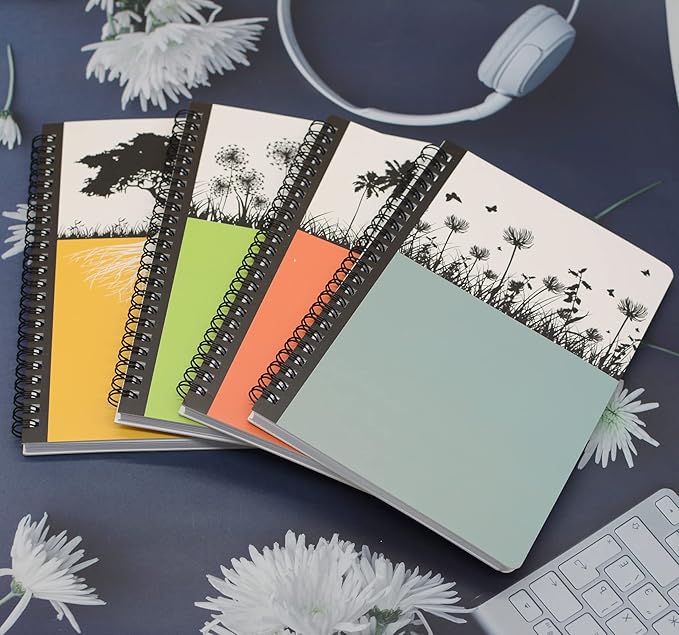 Yansanido Spiral Notebook, 4 Pcs A5 Thick Tree Design Hardcover 8mm Ruled 4 Color 80 Sheets -160 Pages Journals for Study and Notes (Tree)