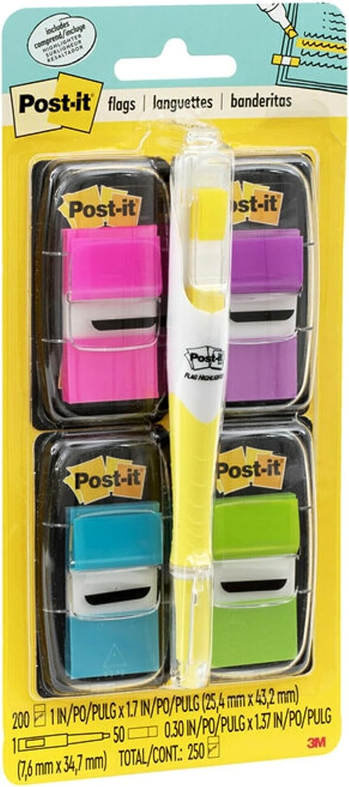 Post-it Flags Value Pack, 50/Dispenser, 4 Dispensers/Pack, 1 in Wide, Assorted Bright Colors, Includes FREE Flags + Highlighter (680-PPBGVA)