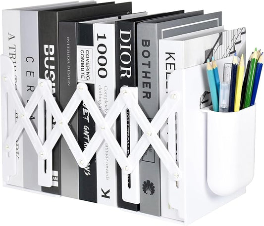 SAYEEC Adjustable Bookends with Pen Holder Expandable Book Ends for Heavy Books Plastic Desk Book Holder Stand Stopper Rack Magazine Binder Organizer for Shelves Bookcase Office School Home (White)