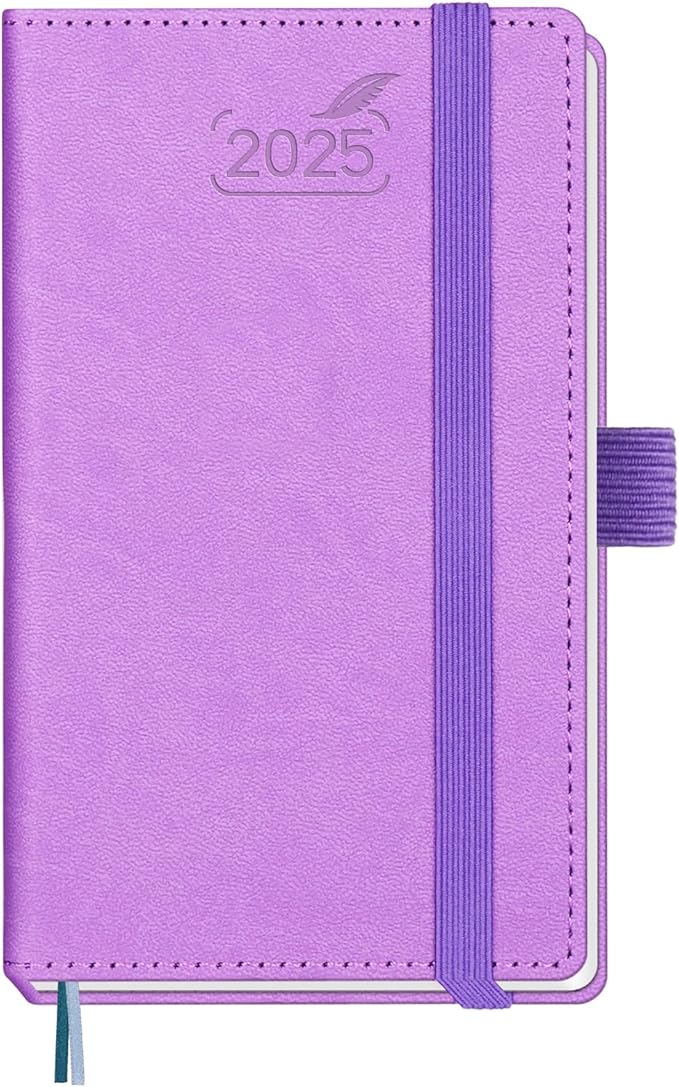 BEZEND Pocket Calendar 2025 for Purse 3.5" x 6", 2025 Pocket Planner Daily Weekly & Monthly with Pen Holder, Small Agenda 2025 with Vegan Leather Hard Cover - Lavender