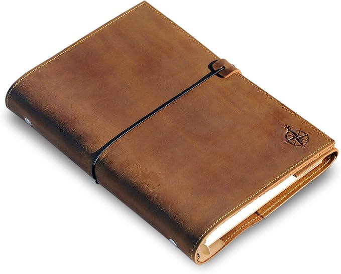 WANDERINGS Refillable A5 Leather Binder Journal - 8.5x6-6 Ring Binder Organizer with Pockets - Hand-Crafted Genuine Leather Folio - Filofax Compatible. 52 Weeks with Notes Section