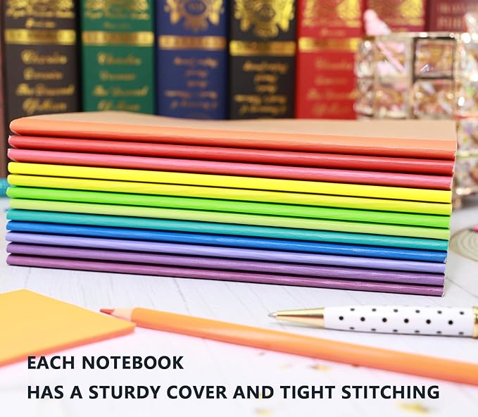 12 Pack A5 Notebooks Bulk, Kraft Cover Lined Blank College Ruled Travel Journals with 12 Colors Rainbow Spines For Women Students, 60 Pages, 8.3”x 5.5”, for Home, Office or School Supplies