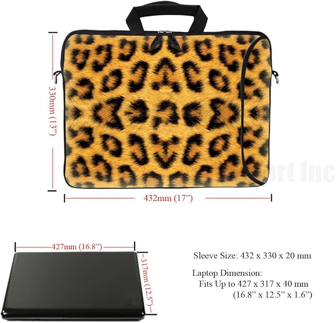 Meffort Inc 17 Inch Neoprene Laptop Bag with Extra Side Pocket, Soft Carrying Handle & Removable Shoulder Strap Fit 16" to 17.3" Size - Leopard Prints
