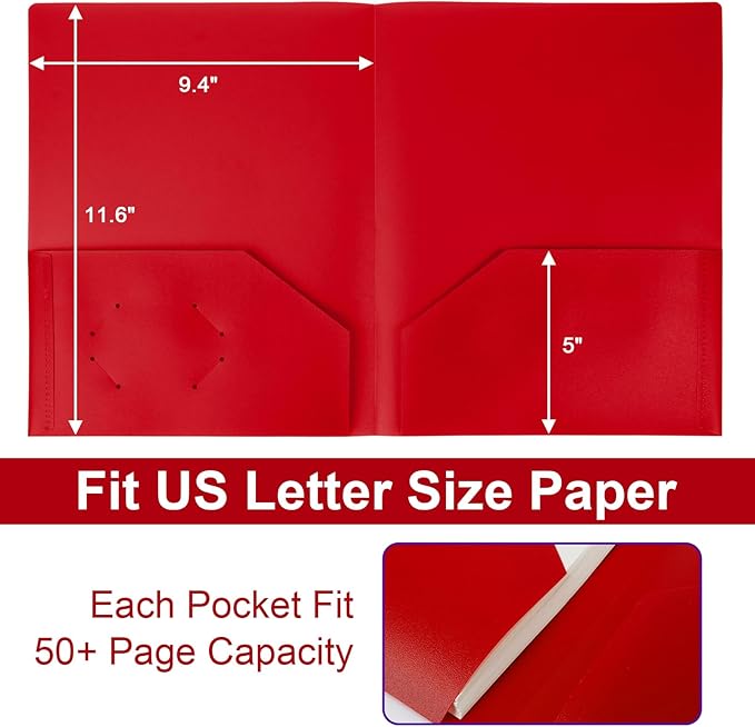 6-Pack Plastic Folders with Pockets,2-Pocket Poly Folders Holds 8-1/2" x 11" Paper for School/Office/Home, Red