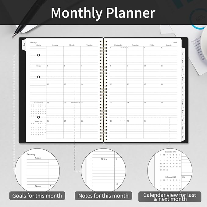 2025 Planner Weekly and Monthly, Calendar Planner with Monthly Tabs, 2025 Weekly Planner from Jan 2025 - Dec 2025, Weekly Monthly Planner with Spiral Binding- 8.5" x 11", Black