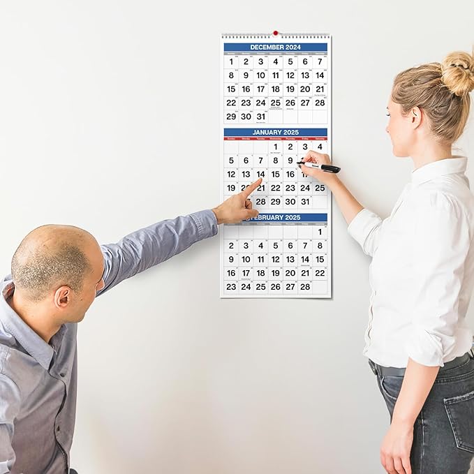 Dunwell Three Month View Calendar 2025 (Blue), 11x26" Open, 3-Month Wall Calendar Vertical, Use to December 2025, Tri Panel Calendar, Ships Folded