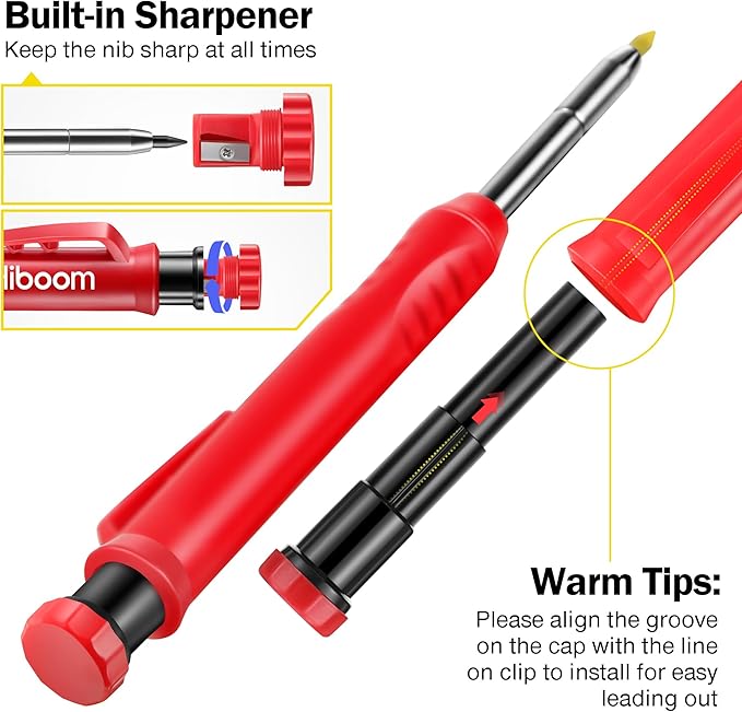 Hiboom 3 Pack Solid Carpenter Pencil with 21 Refill, Long Nosed Deep Hole Mechanical Pencil Marker with Built in Sharpener for Carpenter, Design Patent (Green, Red, Black Cover)