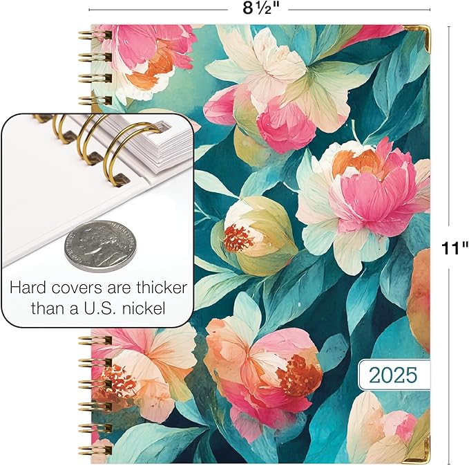 HARDCOVER 2025 Planner, 8.5"x11": 14 Months (November 2024 - December 2025), Daily Weekly Monthly Planner, Yearly Agenda, Bookmark, Pocket Folder and Sticky Note Set (Teal Floral)