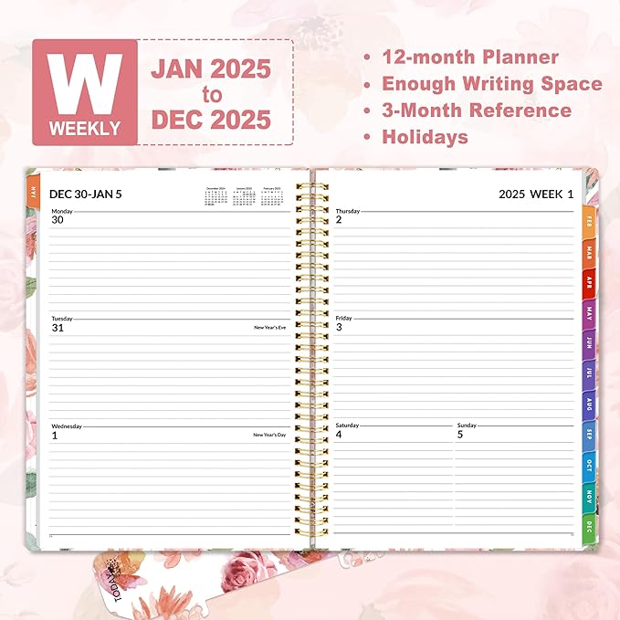 SUNEE 2025 Weekly and Monthly Planner - from January 2025 - December 2025, 8.5"x11" Daily Agenda Planner with Monthly Tab, Flexible Cover, Note Pages, Pockets, Bookmark, Spiral Binding, Floral