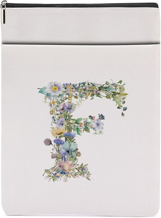 Monogrammed Book Sleeve Floral F Initial Book Pouch Book Accessories Book Lovers Gifts Waterproof Book Cover Book Protector Bookish Gifts Personalized Gifts for Women Girls Readers Bride Boss Lady