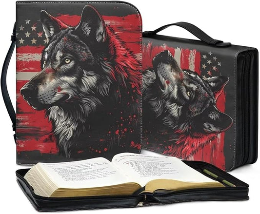 Lotusorchid American Flag Wolf Bible Bags, Faux Leather Bible Covers with Handle Pockets for Women, Portable Sturdy Bible Bag for Men, Christian Bible Study Accessories, Black and Red, XL