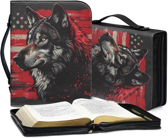Lotusorchid American Flag Wolf Bible Bags, Faux Leather Bible Covers with Handle Pockets for Women, Portable Sturdy Bible Bag for Men, Christian Bible Study Accessories, Black and Red, L
