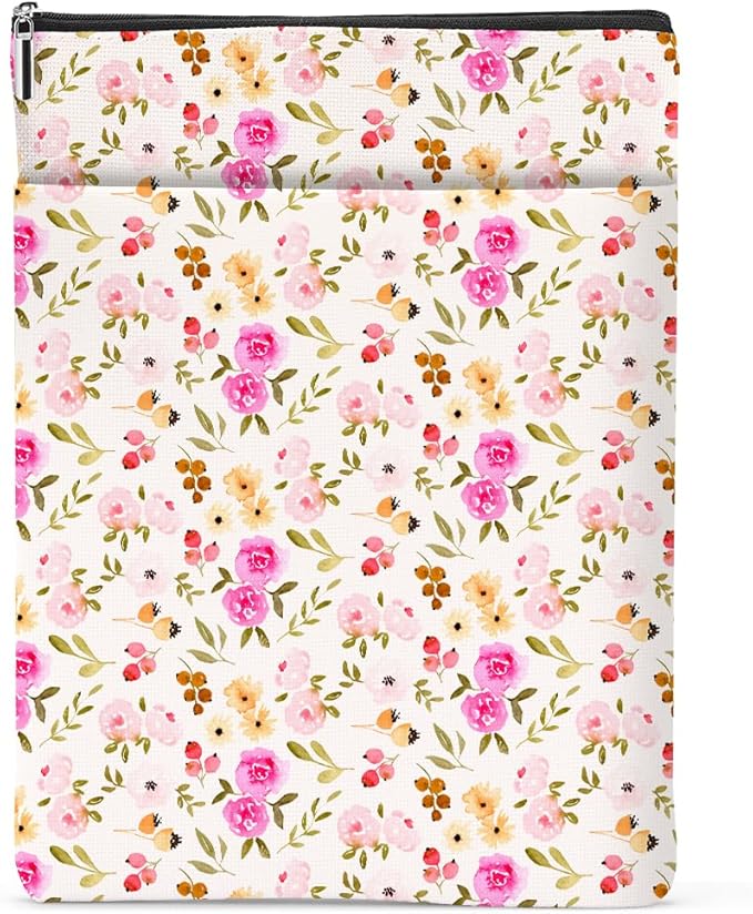 Watercolor Floral Pattern Book Lovers Gifts Waterproof Book Sleeve Book Pouch Book Protector with Zipper and Front Pocket BookCover Case for Women Girl Readers Wife Book Accessories Book Club Gifts
