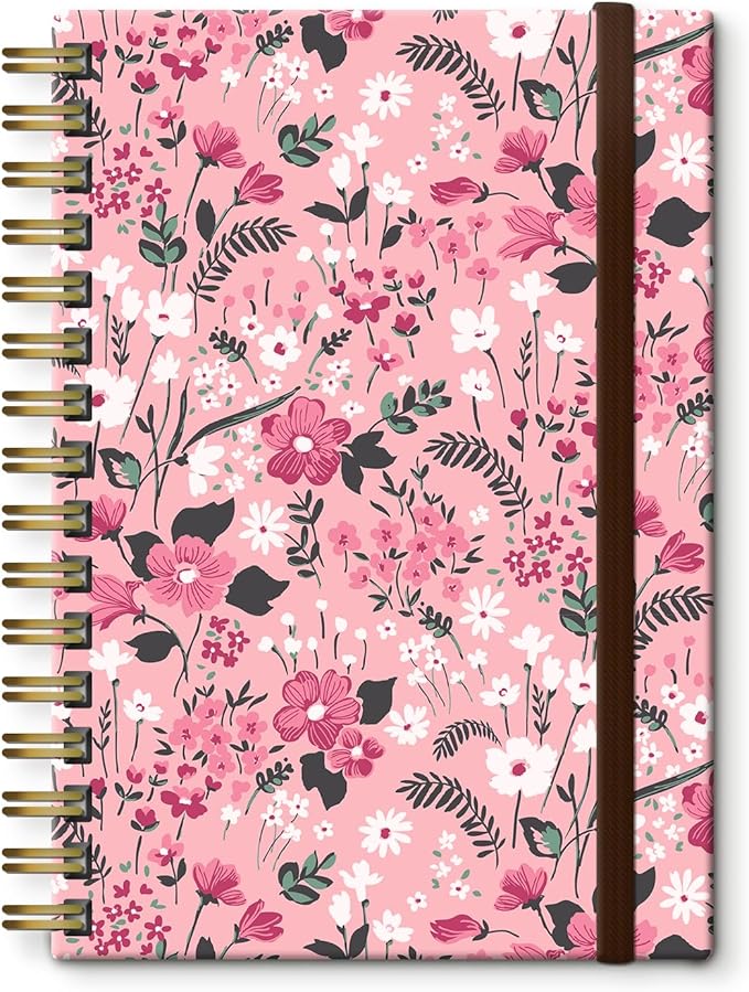 Spiral Journal Notebook, A5 Cute Notebooks for Women Men, College Ruled Hardcover Notebook for Work & Note Taking, 60 Pages Double-Wire Journals for Writing Pink Boho Flowers