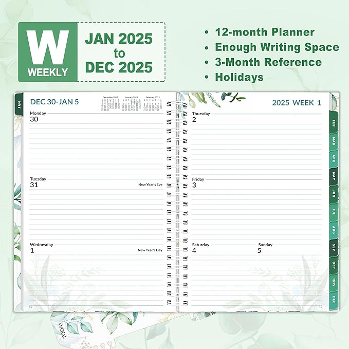SUNEE 2025 Weekly and Monthly Planner - from January 2025 - December 2025, 6.4" x 8.3" Daily Agenda Planner with Monthly Tab, Flexible Cover, Note Pages, Pockets, Bookmark, Spiral Binding, Eucalyptus