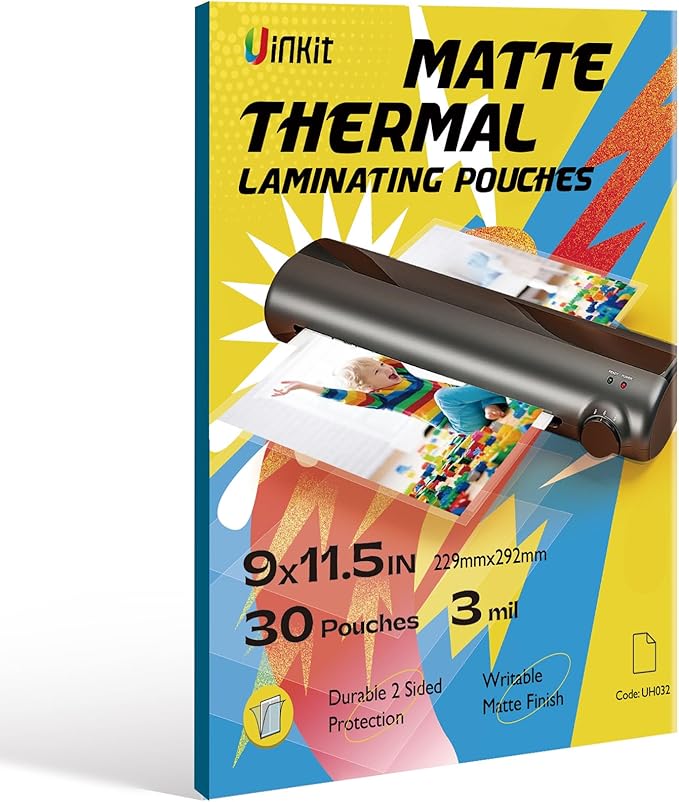 Uinkit Matte Thermal Laminating Sheets, 9 x 11.5 Inches 3 Mil Clear Anti-Glare with Matte Finish 30 Pack Fitted for Letter Size Laminating Pouches 8.5 x 11 inches