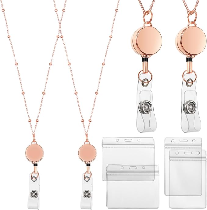 Outus 2 Pieces Badge Lanyard with ID Holders Stainless Steel Badge Holders Necklace Retractable Reel Clip Chain Water Resistant Name(Rose Gold)