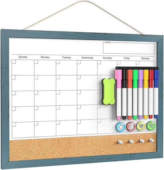 Whiteboard Calendar & Corkboard for Wall, 17"x13" Dry Erase Monthly Calendar with Wood Framed, Magnetic White Board Cork Board Combo, Calendar Bulletin Board for Home Office Kitchen Memo Planner