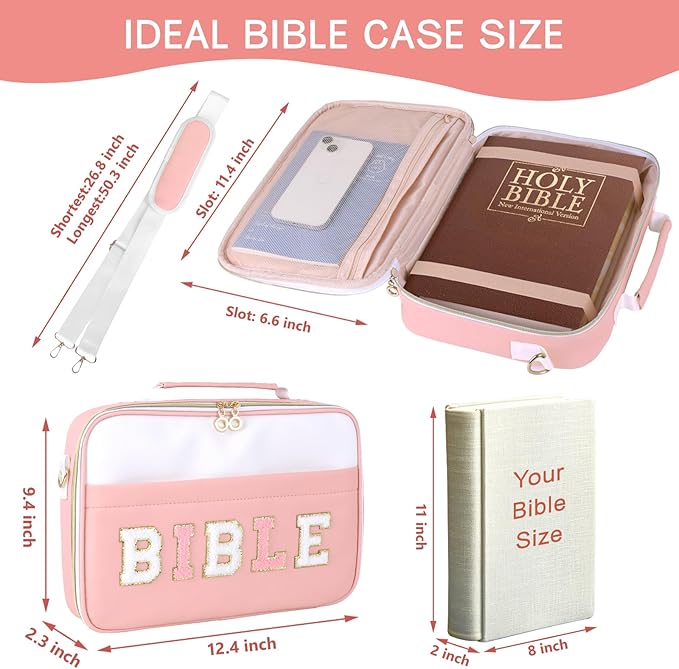 WOBANGEM Bible Cover Case for Women,Large Leather Bible Cases Christian Gifts for Women Men Girls,Preppy Chenille Letter Bible Bag with Shoulder Strap,Pink Bible Purse Bible Carrying Case for Women
