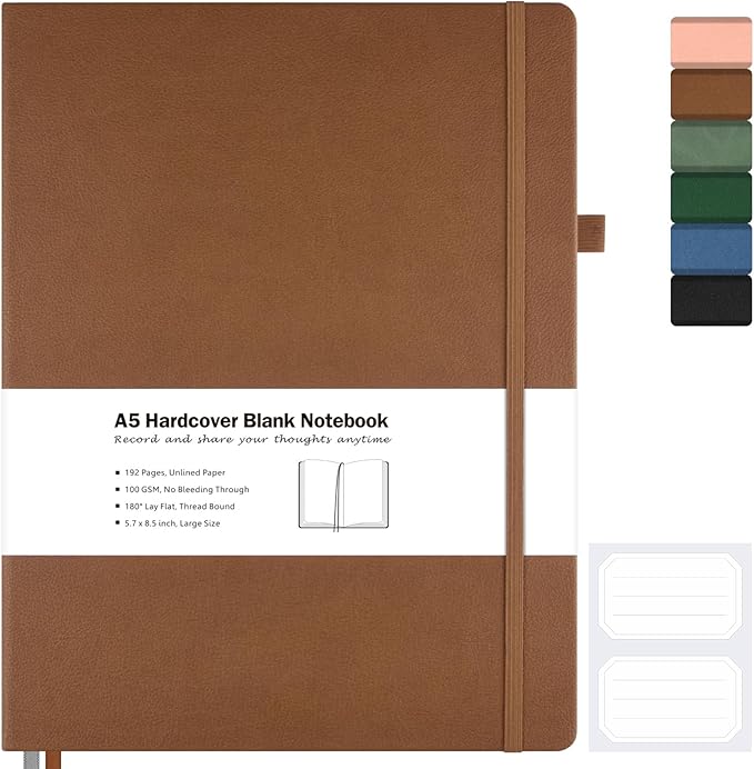 Blank Notebook, Hardcover Sketch Book, 8.5 x 5.5 Large Blank Journal, No Bleed Thick Paper Sketchbook for Drawing, Unlined Notebook Journal for Women Men School, A5 Leather Sketchbook, Lay Flat, Brown