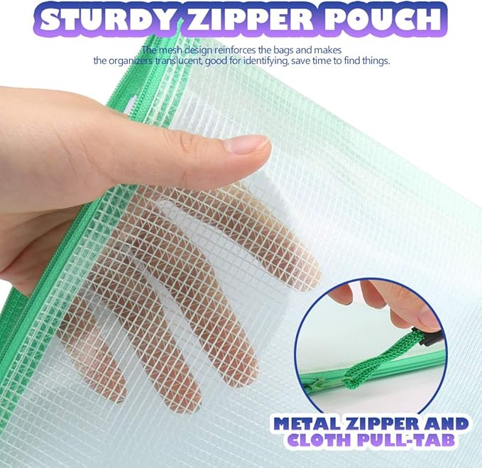 LEOBRO Mesh Zipper Pouches Bags, 10PCS Zipper Pouch, A4 Mesh Bags with Zipper, Zipper Pouches for Organization, Storage Bags for School Office Travel Supplies, File Jackets & File Pockets