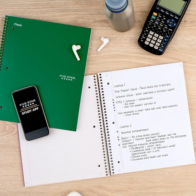 Five Star Spiral Notebook + Study App, 3 Subject, College Ruled Paper, Fights Ink Bleed, Water Resistant Cover, 8-1/2" x 11", 150 Sheets, Green (72067) (Pack of 2)