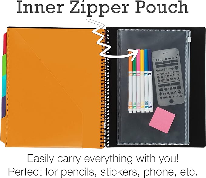 Samsill 10 Pocket Spiral Project Folder Organizer with 5 Dividers, Zipper Pouch, Customizable Front Cover, Erasable Write On Tabs in Fashion Colors, Plastic Folders with Pockets, 2 Pack