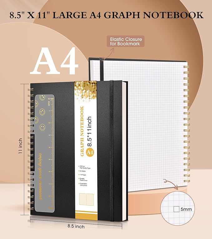 Graph Paper Notebook, Spiral Notebook Journal 8.5” x 11”, A4 Large Grid Notebooks for Women Men, 100 GSM Graph Paper, Plastic Hardcover Spiral Graphing Journals for Work School Engineerin, Black