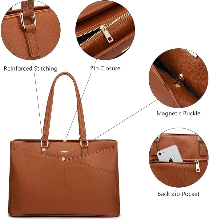 Laptop Tote Bag for Women 15.6 Inch Waterproof Leather Computer Bags Women Business Office Work Bag Briefcase Brown