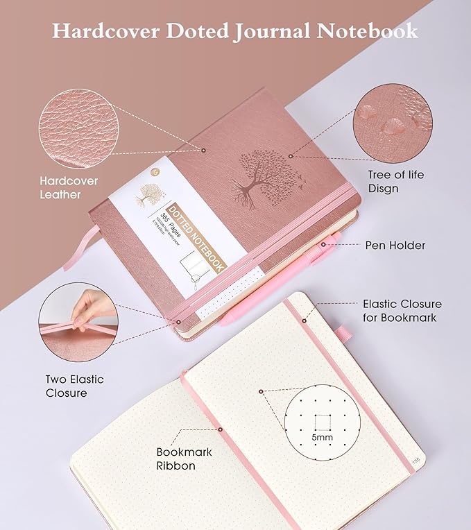 Dotted Journal Notebook, 360 Numbered Pages Bullet Journals, 100gsm Dot Paper Thick Hardcover Leather Journal for Writing Women Men,A5 Dotted Grid Notebooks for Work 5.75" x 8.38" Pink
