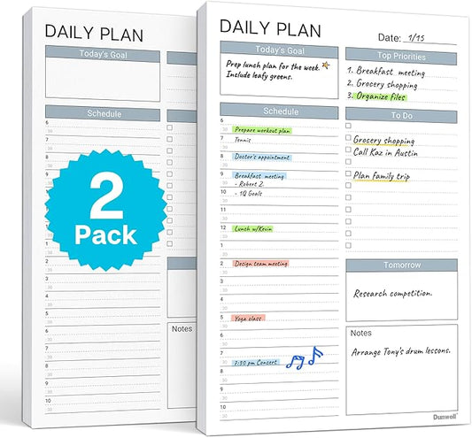 Dunwell Daily Planning Pad - 2 Pack Undated Daily Planner Pad, 54 Tear-Off Pages (5.5x8.5"), Daily To Do List Scheduler, Time Blocked Task Planner Notepad