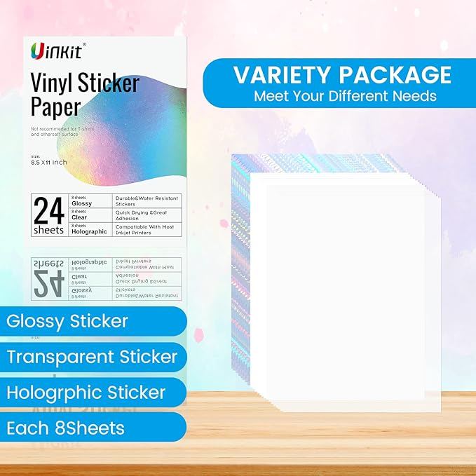 Uinkit Premium Printable Vinyl Sticker Holographic Glossy Transparent Each 8 Sheets For Inkjet Printer Variety Pack- 24 Sheets Mixed Finish Label Dries Quickly Vivid Colors, Holds Ink well