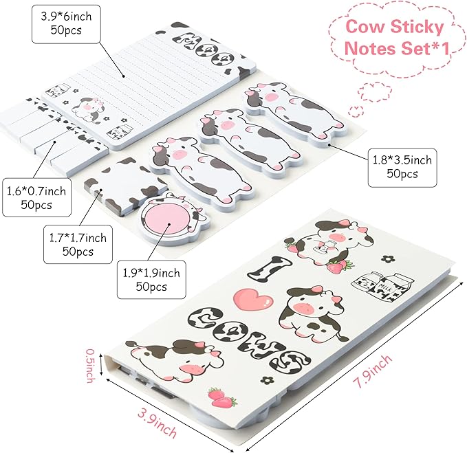I Just Really Like Cow Sticky Notes Set, 550 Sheets, Cute Pink Cow Shaped Self-Stick Notes Pads Barnyard Farm Animal Divider Tabs Bundle Writing Memo Pads Back to School Office Supplies