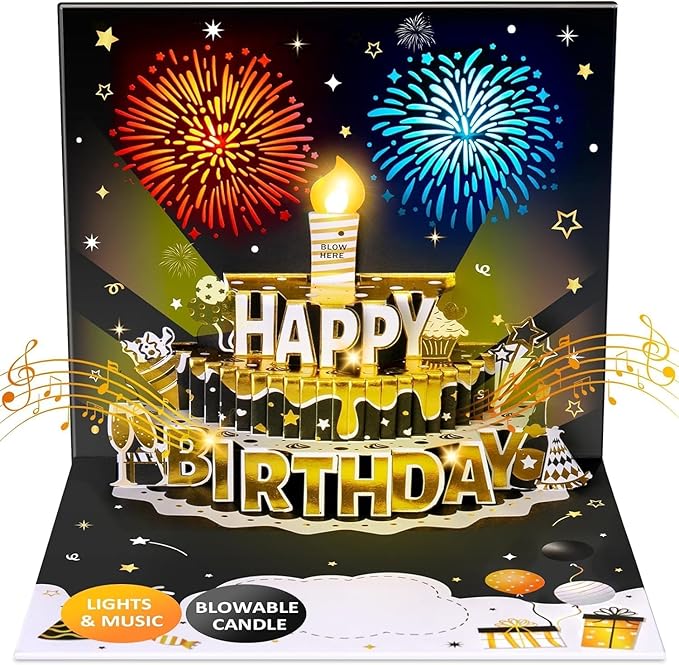 INPHER DIY Age Birthday Cards Fireworks Pop Up Cake Light and Music Black and Gold Happy Birthday Card Gift for Husband, Men, Women, Mom, Grandma
