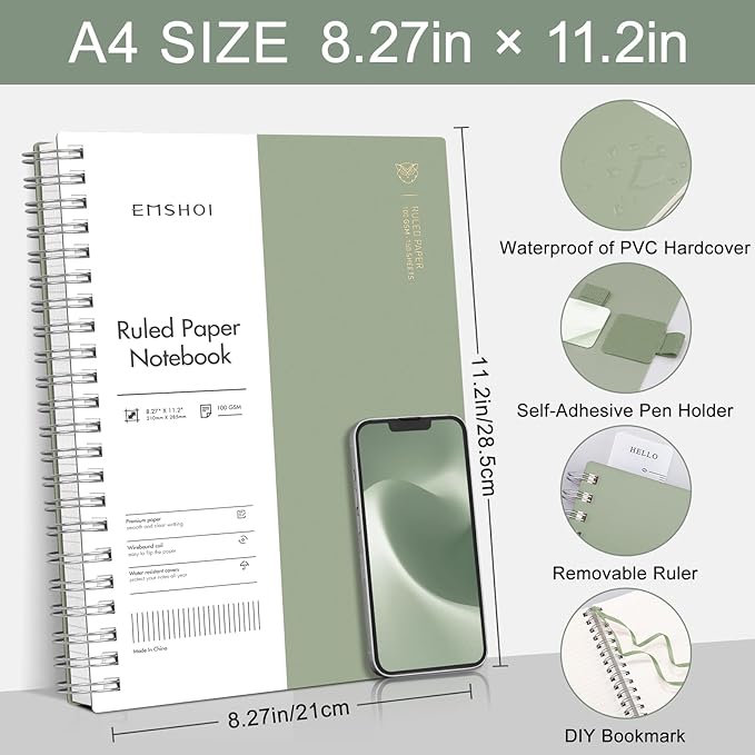 EMSHOI Lined Journal A4 Spiral Notebook, College Ruled Notebook, 300 Pages/150 Sheets, 100gsm Acid-Free Paper, Waterproof Softcover Notebook for School, Work, Writing, 8.27" × 11.2" - Light Green