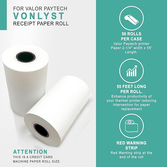 Receipt Paper Roll for Valor Paytech VL 110 and VL 500 Credit Card Machine (50 Rolls)