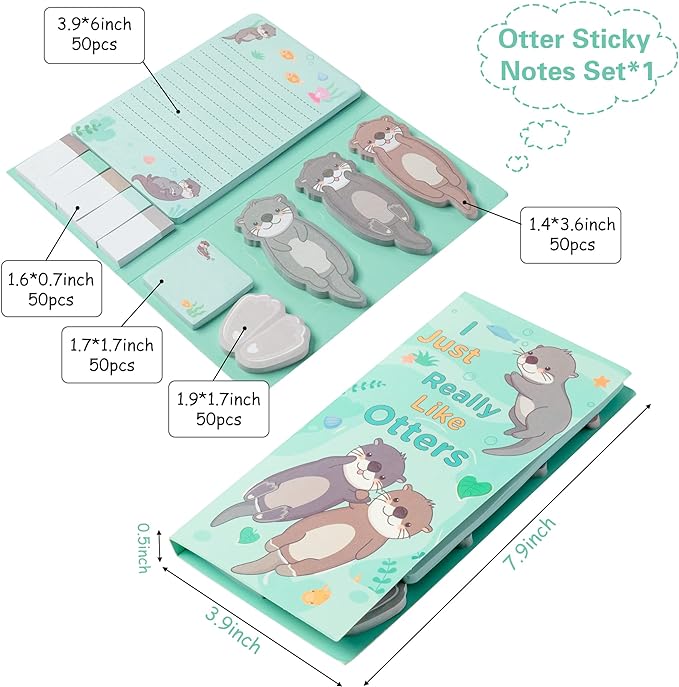 I Just Really Like Otters Sticky Notes Set, 550 Sheets, Cute Cartoon Otters Self-Stick Notes Pads Sea Animal Divider Tabs Bundle Writing Memo Pads Back to School Office Supplies Small Gift