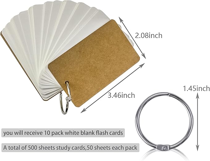 MotBach 10 pack White Blank Flash Cards with 500 Sheets Study Cards, Note Card Pad with Binder Ring, Kraft Paper Word Vocabulary Cards for Learning language, DIY Greeting Cards(3.5 x2.2 Inch)