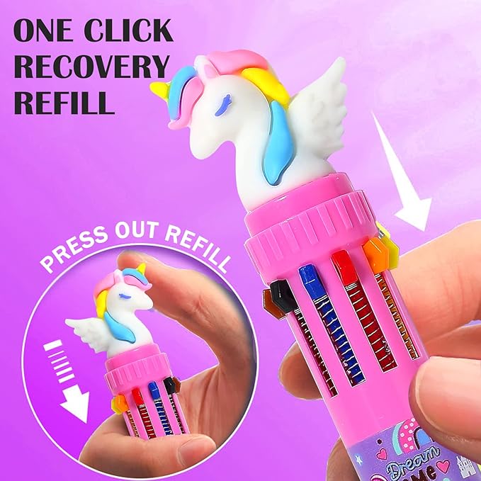 Multicolor Ballpoint Pen 0.7 mm, 10-in-1 Colored Pens Fine Point Retractable Cute Cartoon Unicorn Ballpoint Pens for Office School Students Kids Christmas Gift, 6 Pack