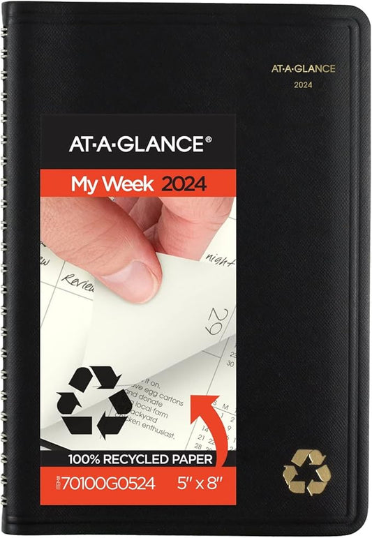 AT-A-GLANCE 2024 Weekly & Monthly Planner, Hourly Appointment Book, 5" x 8", Small, Recycled, Monthly Tabs, Black (70100G0524)