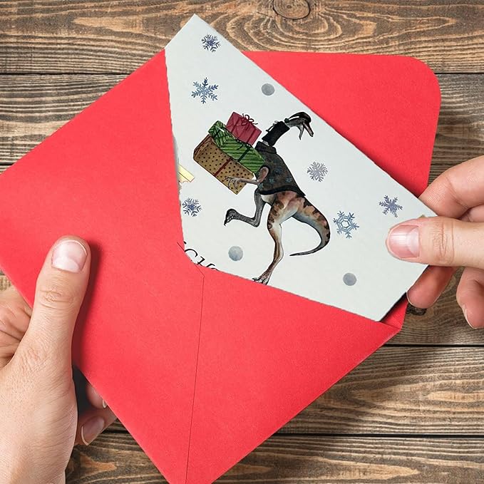 Christmas Card Set - 8 Holiday Cards with Red Envelopes - 8 Different Dinosaur Designs, Perfect for Giving to Your Friends Who Love Dinosaurs.