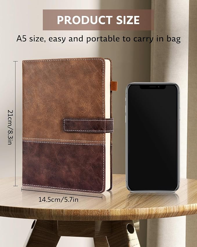 Leather Notebook Journal with Pen, A5 Lined Hardcover Notebook with Magnetic Closure, 240 Pages Daily Journal for Men Women, Ruled Journal Notebooks for Work, Writing, Note Taking - Brown