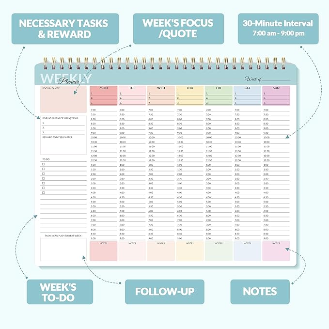 SUNEE Weekly To Do List Notepad - Last for 2 Years, 52 Undated Sheets, 8.5"×11", Spiral Weekly Desk Planner Pad for Adults and Kids, School, Home & Office - Colorful