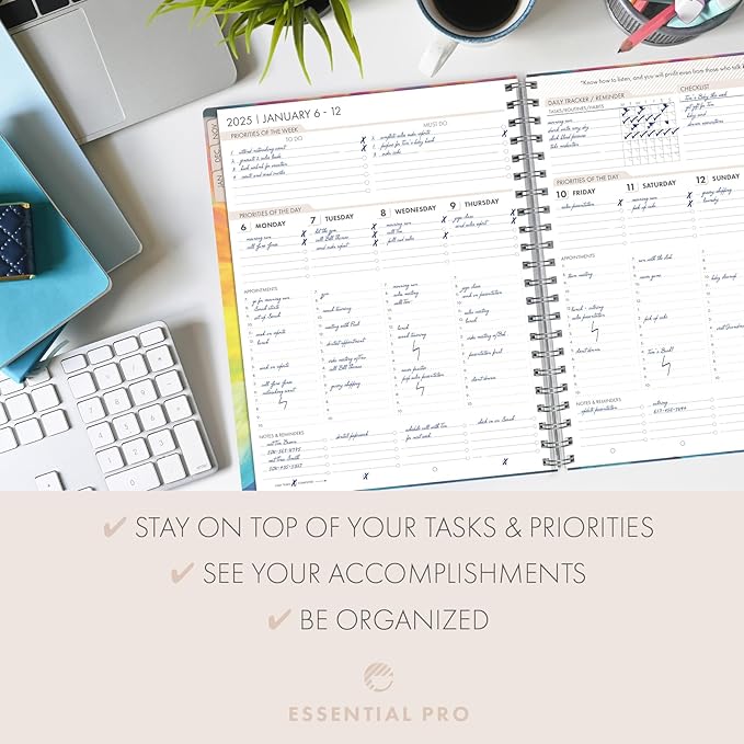 Essential PRO 2025 Daily, Weekly & Monthly Planner, 8.5"x11": 14 Months (Nov 2024 - Dec 2025) Monthly Tabs,Daily Tracking,Notes Pages,Storage Pocket,Bookmark w Sticky Notes (Rainbow Petals)