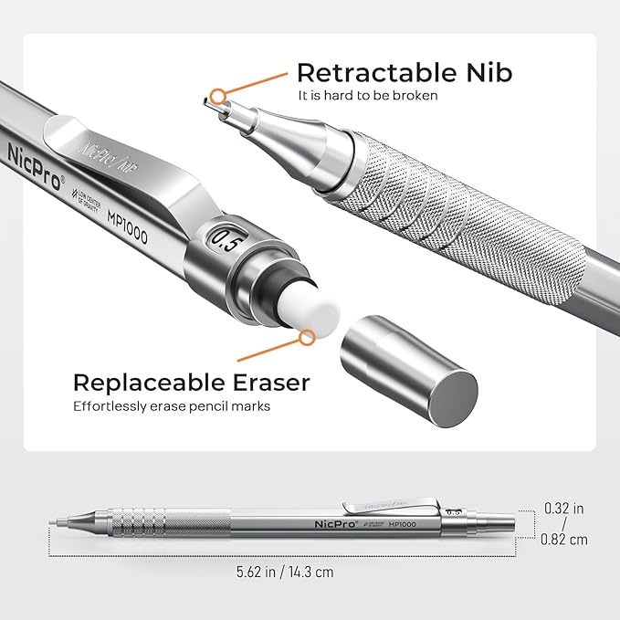 Nicpro 45PCS Black & Silver Metal Mechanical Pencil Set in Leather Case, Art Drafting Pencil 0.5, 0.7, 0.9 mm, 2mm Lead Holders for Sketching Drawing With 27 Tube (6B 4B 2B HB 2H 4H Colors)Lead Refill