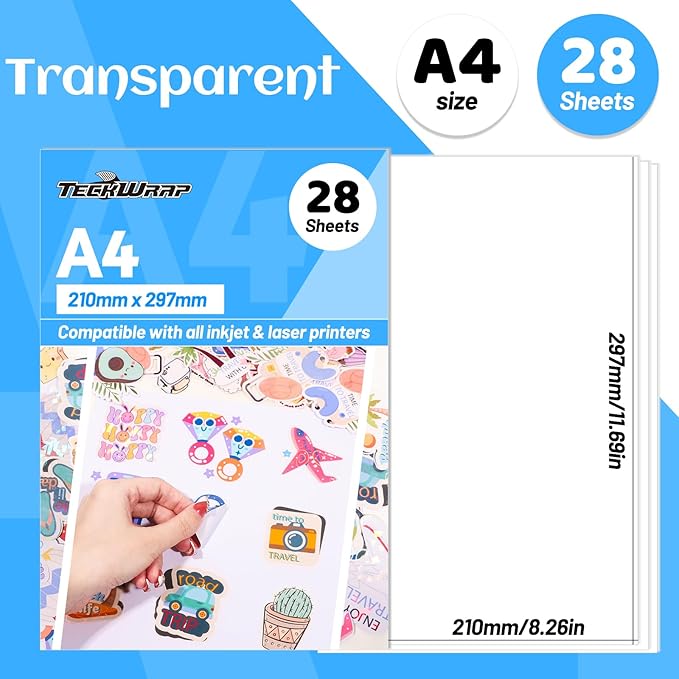TECKWRAP Printable Vinyl Sticker Paper for Inkjet Printer, Transparent Inkjet Printable Sticker Paper, 8.26" x 11.69" A4 Size for Scrap-booking, Craft Cutters, Home Decor, 28 Sheets/Pack