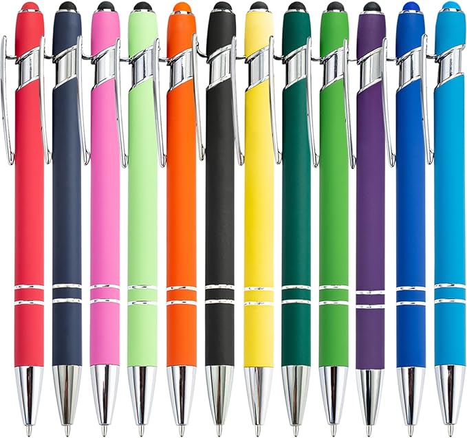 Ballpoint Pens with Stylus Tips，12 Pcs Retractable Metal Stylus Pen for Touch Screens, 1.0 mm Black Ink(Mixed Color)