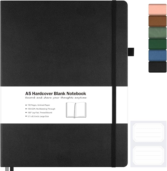 Blank Notebook, Hardcover Sketch Book, 8.5 x 5.5 Large Blank Journal, No Bleed Thick Paper Sketchbook for Drawing, Unlined Notebook Journal for Women Men School, A5 Leather Sketchbook Lay Flat, Black