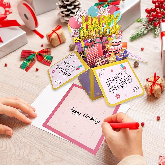 Funny Happy Birthday Pop Up Card, Sweet 3D Birthday Gift Box for Adults and Kids with Envelopes, Unique Handmade Foldable Celebration Cards for Daughter, Son, Mom, Dad, Friend
